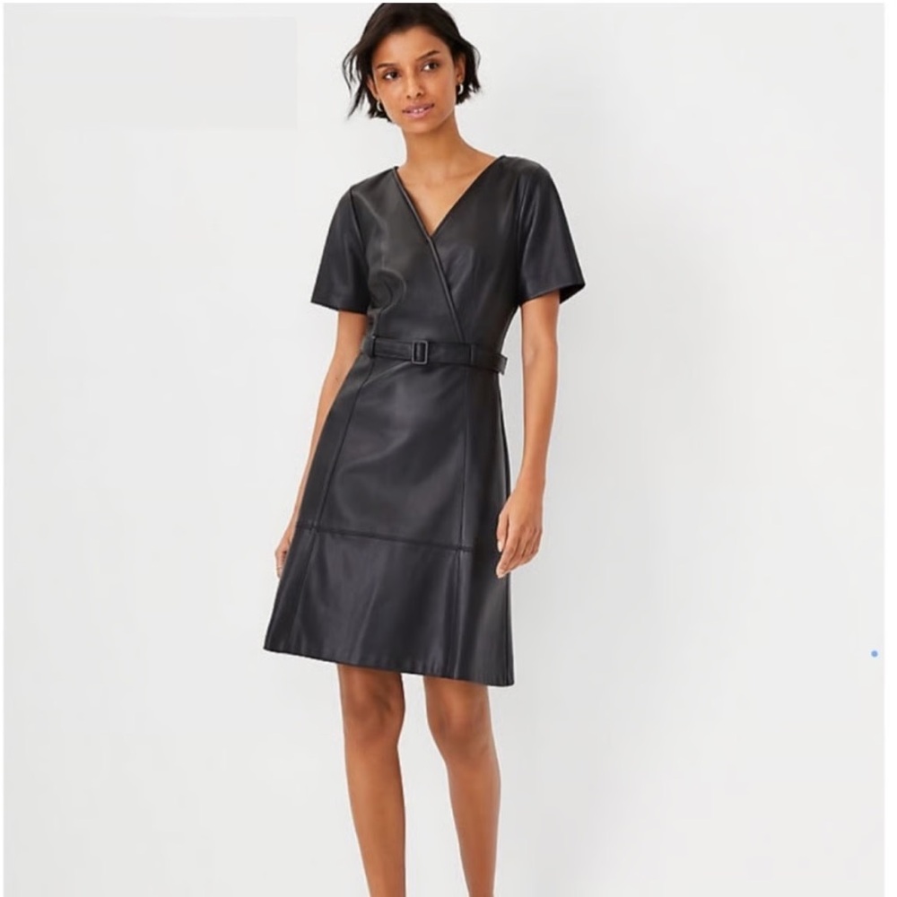 Ann Taylor Petite Elegant Black V-Neck Faux Leather Wrap Dress